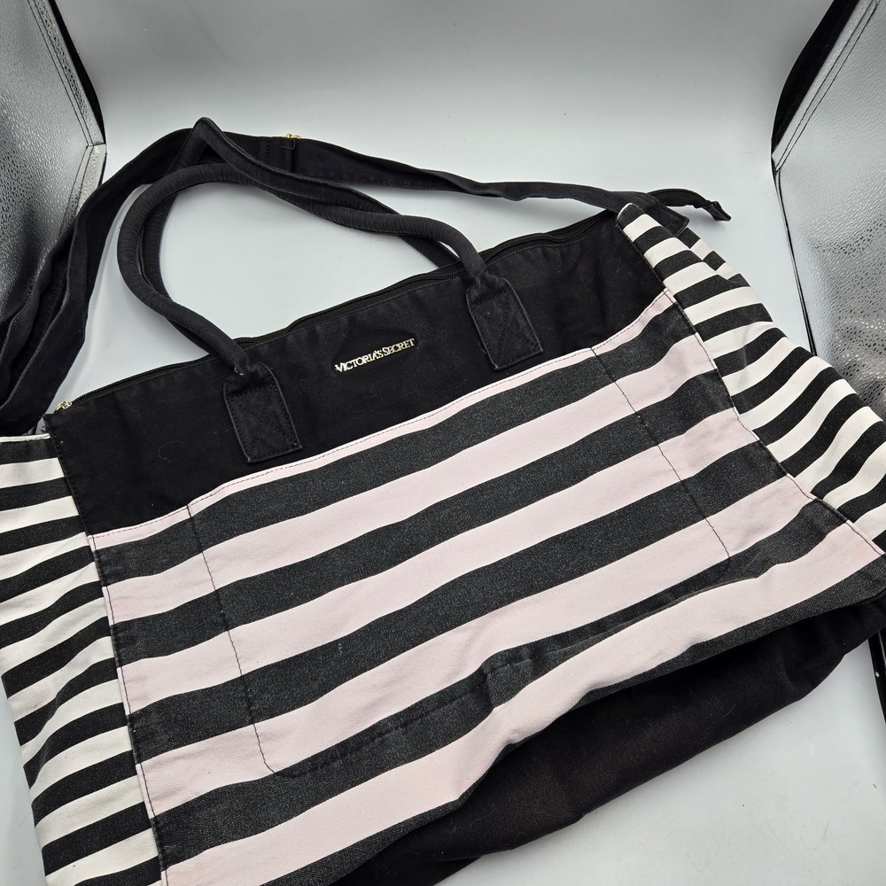 Victoria's Secret Black Pink Stripe Weekender Travel Duffel Bag Shoulder Strap